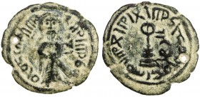 ARAB-BYZANTINE: Standing Caliph, ca. 692-697, AE fals (3.98g), al-Ruha, ND, A-3538, the full kalima around the standing caliph on the obverse (the nor...