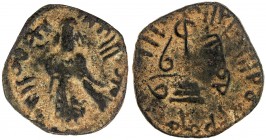 ARAB-BYZANTINE: Standing Caliph, 692-697, AE fals (2.91g), A-3544, Wolfgang Schulze (pp. 133/34), Goodwin fig.36 (p. 79), uncertain mint; Schulze illu...