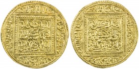 MERINID: Abu Yahya Abu Bakr, 1244-1258, AV dinar (4.66g), Sijilmasa, ND, A-520, Hazard-690, al-wahid allah / muhammad rasul allah / wa'l-qur'an kalam ...