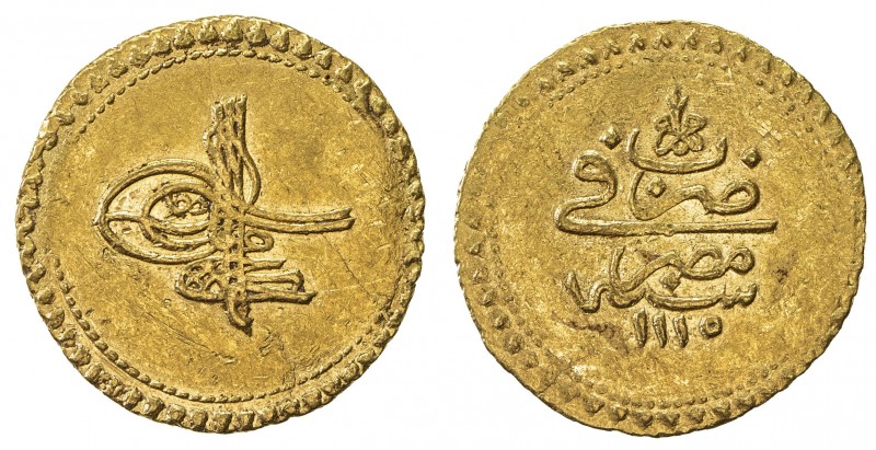 EGYPT: Ahmed III, 1703-1730, AV eshrefi (sultani) (3.45g), Misr, AH1115, KM-72, ...