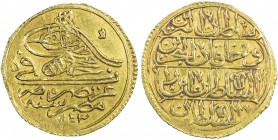EGYPT: Mahmud I, 1730-1754, AV zeri mahbub (2.57g), Misr, AH1143, KM-86, UBK-42.01, first series, without the rose branch in the obverse field, initia...