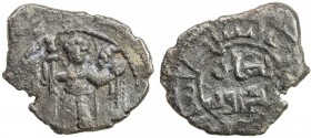 SALDUQIDS: Nasir al-Dawla Ghazi, 1132-1145, AE fals (5.11g), NM, ND, A-B1890, standing figure holding long cross and diadem, with cornucopia in backgr...