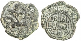 SALDUQIDS: Nasir al-Din Muhammad, 1168-1191, AE fals (5.21g), NM, AH575, A-1891, mounted archer shooting arrow at small animal (gazelle?), date in abj...