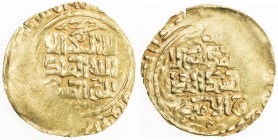 GREAT MONGOLS: temp. Chingiz Khan, 1206-1227, AV dinar (3.81g) (Balkh), DM, A-A1967, short kalima divided between the two sides, followed by al-malik ...