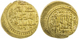 ILKHAN: Musa Khan, 1336-1337, AV dinar (8.28g) (Tabriz), AH736, A-T2223, type A, plain circle both sides, royal legend al-sultan al-'alim al-'adil mus...