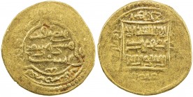 ILKHAN: Taghay Timur, 1336-1353, AV dinar (3.43g), MM, AH744, A-L2233var, type IC (circle notched at three equidistant points // plain square), probab...