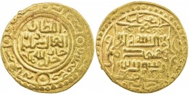ILKHAN: Sulayman, 1339-1346, AV dinar (4.44g), Hamadan, AH740, A-F2248, type B (inner circle // ornamented square), VF to EF, RR, ex Christian Rasmuss...
