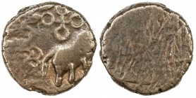 CENTRAL INDIA: Anonymous, 1st century BC, AE round (2.86g), Pieper-242 (this piece), elephant to right, Ujjain symbol above, railed tree and hill on l...