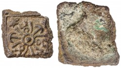 CENTRAL INDIA: Anonymous, 1st century BC, AE square (0.96g), Pieper-257 (this piece), six-armed symbol with alternating arrows and framed taurines, wi...