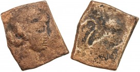 CENTRAL INDIA: Anonymous, 1st century AD, AE square (2.72g), Pieper-790 (this piece), bust right, with female features, wearing earrings, her hair tie...