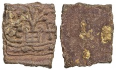 CENTRAL INDIA: Anonymous, 1st century BC, AE square (1.65g), railed tree, taurine-in-arch on left, Indradhvaja on right, river at bottom, uniface; ass...