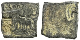 ERAN-VIDISA: Hastideva, king, 1st century BC, punchmarked AE square (4.82g), elephant, river, railed Indradhvaja, taurine-in-arch and inverted Brahmi ...