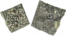 KURARA: Anonymous, 1st century, AE square (1.90g), Pieper-500 (this piece), Ujjain symbol with nandipada on left, railed tree on right, legend kuraray...