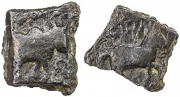 NORTHERN INDIA: Anonymous, 1st century BC, AE square (1.47g), Pieper-1152 (this piece), bull to right, Ujjain symbol on right, inverted taurine on top...