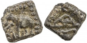 WESTERN KSHATRAPAS: Anonymous, ca. 3rd century AD, AE square (1.28g), Pieper-840 (this piece), elephant left in dotted border // hill above river in d...