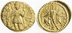 KUSHAN: Vasu Deva I, ca. 191-230+, AV dinar (8.01g), Mitch-3396/97, king standing, sacrificing at altar, holding trident, second trident to left, rudi...