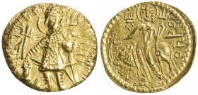 KUSHAN: Vasu Deva I, ca. 191-230+, AV dinar (8.00g), Mitch-3396/97, king standing, sacrificing at altar, holding trident, second trident to left, rudi...