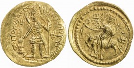 KUSHAN: Vasu Deva I, ca. 191-230+, AV dinar (7.78g), Mitch-3396/97, king standing, sacrificing at altar, holding trident, second trident to left, nand...