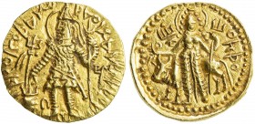 KUSHAN: Kanishka II, ca. 226-240, AV dinar (7.82g), Mitch-3503, king standing, offering sacrifice at altar, holding trident, second trident left, lege...