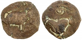 CEYLON: AE unit (4.21g), cf. Pieper-792, 23mm, elephant right, uncertain symbol above (conch shell?) // bull, kneeling down to right, double-crescent ...
