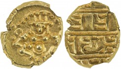 CHITALDURG: Madakeri Nayaka I, 1565-1602, AV ½ pagoda, Mitch-937/38, Durga seated facing, wearing turreted headdress // Devanagari inscription, sri pr...