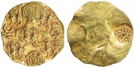 NELLORE: Bhujabala series, AV pagoda (3.43g), ND (ca. 1216-1316), Mitch-684var, Fr-338var, 5 x lion, 2 x Sri, sun & moon, and name bujaba, with 5-peta...