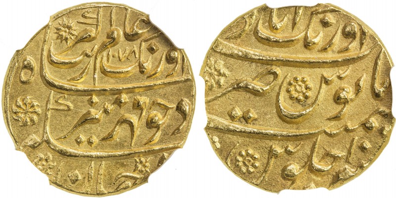 MUGHAL: Aurangzeb, 1658-1707, AV mohur, Aurangabad, AH1078 year 10, KM-315.10, a...