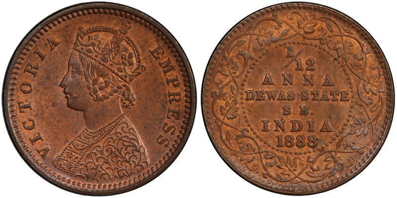 DEWAS SENIOR BRANCH: Krishnaji Rao, 1860-1899, AE 1/12 anna, 1888, KM-11, bust o...