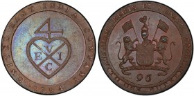 MADRAS PRESIDENCY: AE 1/96 rupee, 1794, KM-392, East India Company issue, bronzed proof struck at Matthew Boulton's Soho Mint, Birmingham, PCGS graded...
