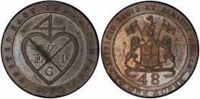 MADRAS PRESIDENCY: AE 1/48 rupee, 1794, KM-394, East India Company issue, proof struck at Matthew Boulton's Soho Mint, Birmingham, PCGS graded PF63 BR...