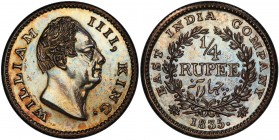 BRITISH INDIA: William IV, 1830-1837, AR ¼ rupee, 1835 (c), KM-448.6, S&W-1.70, proof restrike with lovely multicolored toning, PCGS graded Proof 64....
