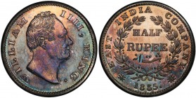 BRITISH INDIA: William IV, 1830-1837, AR ½ rupee, 1835 (c), KM-449.2, S&W-1.59, proof restrike with lovely multicolored toning, PCGS graded Proof 63....