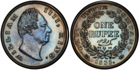 BRITISH INDIA: William IV, 1830-1837, AR rupee, 1835 (c), KM-450.2, S&W-1.43, 'F' raised on truncation, proof restrike with lovely multicolored toning...