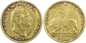 BRITISH INDIA: William IV, 1830-1837, AV mohur, 1835 (c), KM-451.1, S&W-1.15a, without initials on the king's truncation, original, mount removed, sur...
