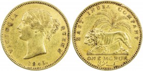 BRITISH INDIA: Victoria, Queen, 1837-1876, AV mohur, 1841 (c), KM-462, Prid-22, S&W-3.11, date number "4" with serif, one nick at the rim, by the C of...