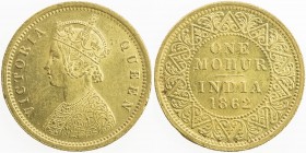 BRITISH INDIA: Victoria, Queen, 1837-1876, AV mohur, 1862 (c), KM-480, S&W-4.6, type C/I, with "v" on bust, two flowers on bottom of jabot, AU.
Estim...