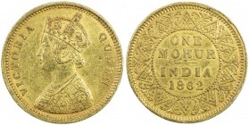 BRITISH INDIA: Victoria, Queen, 1837-1876, AV mohur, 1862 (c), KM-480, Prid-3, S&W-4.4, type B/I, several light edge-dings, nearly EF.
Estimate: USD ...