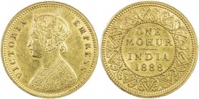 BRITISH INDIA: Victoria, Empress, 1876-1901, AV mohur, 1888 (c), KM-496, Prid-22, S&W-6.15, EF to AU.
Estimate: USD 1400 - 1700
