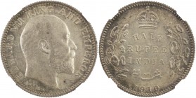 BRITISH INDIA: Edward VII, 1901-1910, AR ½ rupee, 1910 (c), KM-507, nicely toned, rare in mint state! NGC graded MS62, R. 
Estimate: USD 200 - 250