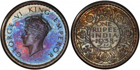 BRITISH INDIA: George VI, 1936-1947, AR rupee, 1938 (c), KM-555, S&W-9.7, proof restrike with lovely multicolored toning, PCGS graded Proof 64.
Estim...
