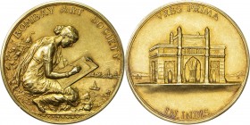 BRITISH INDIA: AV medal (62.01g), 1928, Pud-948.7.1, 51mm gold medal, woman seated in sari, sketching, looking over Bombay harbor scene, BOMBAY ART SO...