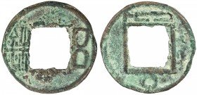 SIX DYNASTIES: Anonymous, 5th-6th century, AE cash (1.52g), H-10.49, wu zhu, reverse in yet undeciphered Qiuzi script, reverse inverted, light encrust...