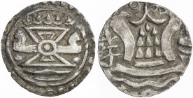 SRIKSHETRA: AR unit (11.18g), 8th century, Mahlo-14b.2, bhadrapitha, 5 lamps above // srivatsa, circle & star above, simplified thunderbolt left, sank...