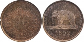 CEYLON: George III, 1760-1820, AE 1/96 rixdollar, 1802, KM-74, Prid-86A, elephant left, one-year type, NGC graded Proof 63 RB.
Estimate: USD 300 - 40...