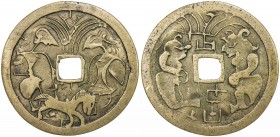 JAVA: AE gobang (34.54g), ND, Cribb-225a, 64mm, magic charm used in Java, Bali and Lombok; tree, noble man and woman with horse below // male servant ...