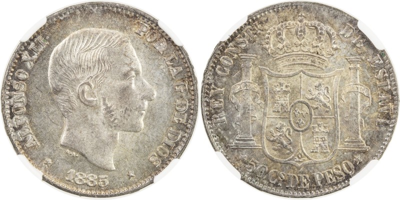 PHILIPPINES: Alfonso XII, 1874-1885, AR 50 centimos, 1885, KM-150, attractive to...