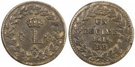 FRANCE: Louis XVIII, 1814-1815, AE decime, 1815-BB, KM-701var, Gadoury-196c, Strasbourg Provisional issue, variety with periods after decime and date,...