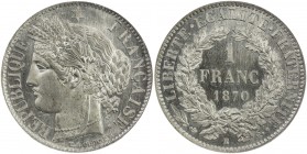 FRANCE: Third Republic, 1871-1940, white metal 1 franc, 1870-E, cf. Mazard-2127, essai pattern ("E" for "essai") in white metal for the silver franc (...