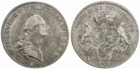 BRANDENBURG-ANSBACH: Alexander, 1757-1791, AR thaler, 1768, KM-280.1, Dav-1998, initials G//S-KK, lightly cleaned, some luster, two-year type, VF to E...