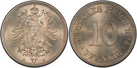 GERMANY: Kaiserreich, 10 pfennig, 1874-E, KM-4, a superb example! PCGS graded MS65.
Estimate: USD 150 - 250